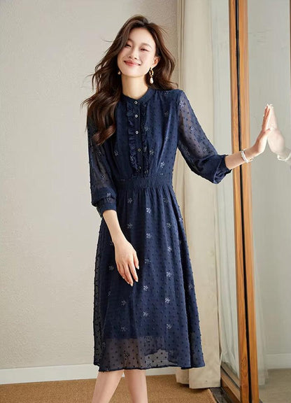 Embroidery Floral Chiffon Dresses for Women 2024 Spring Autumn Long Sleeve Elastic Elegant Midi Dress Women'S Clothing