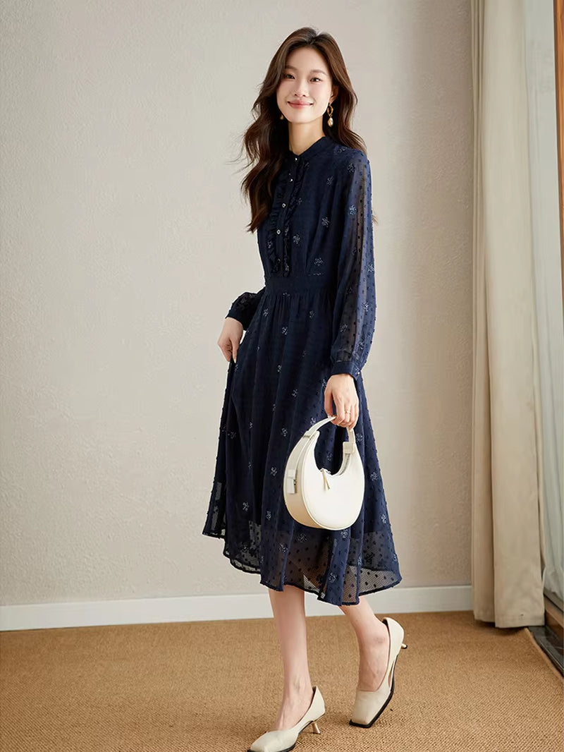 Embroidery Floral Chiffon Dresses for Women 2024 Spring Autumn Long Sleeve Elastic Elegant Midi Dress Women'S Clothing