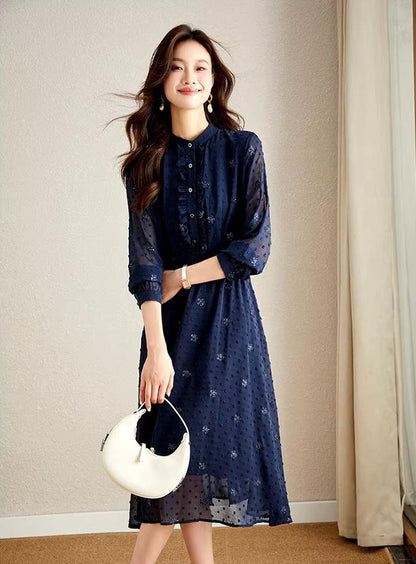 Embroidery Floral Chiffon Dresses for Women 2024 Spring Autumn Long Sleeve Elastic Elegant Midi Dress Women'S Clothing