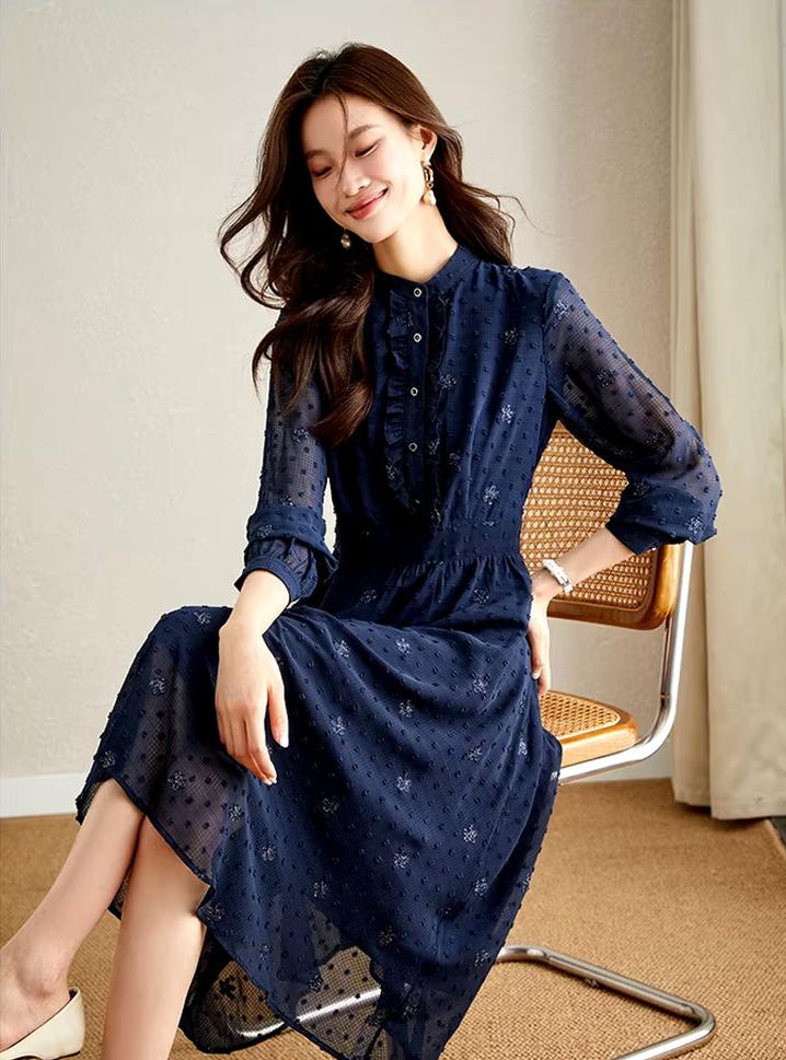 Embroidery Floral Chiffon Dresses for Women 2024 Spring Autumn Long Sleeve Elastic Elegant Midi Dress Women'S Clothing