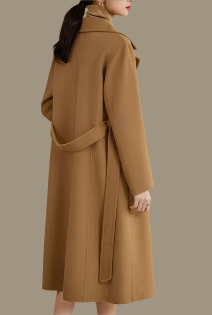 Women 100% Wool Long Coat 2024 Elegant Notched Belted Straight-Cut Warm Double Faced Woolen Winter Overcoat W24O43352