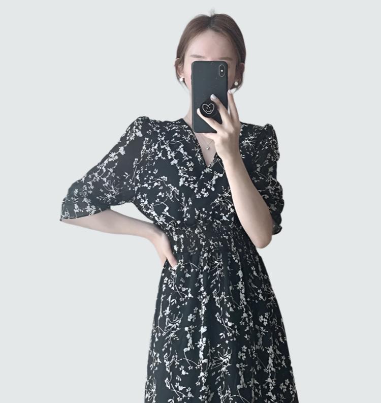 Vintage Korea Fashion Clothing Summer Slim Elastic Waist a Line V Neck Elegant Office Lady Floral Chic Chiffon Long Dress Retro