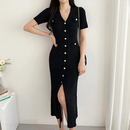 Knitted Bodycon V-Neck Dress