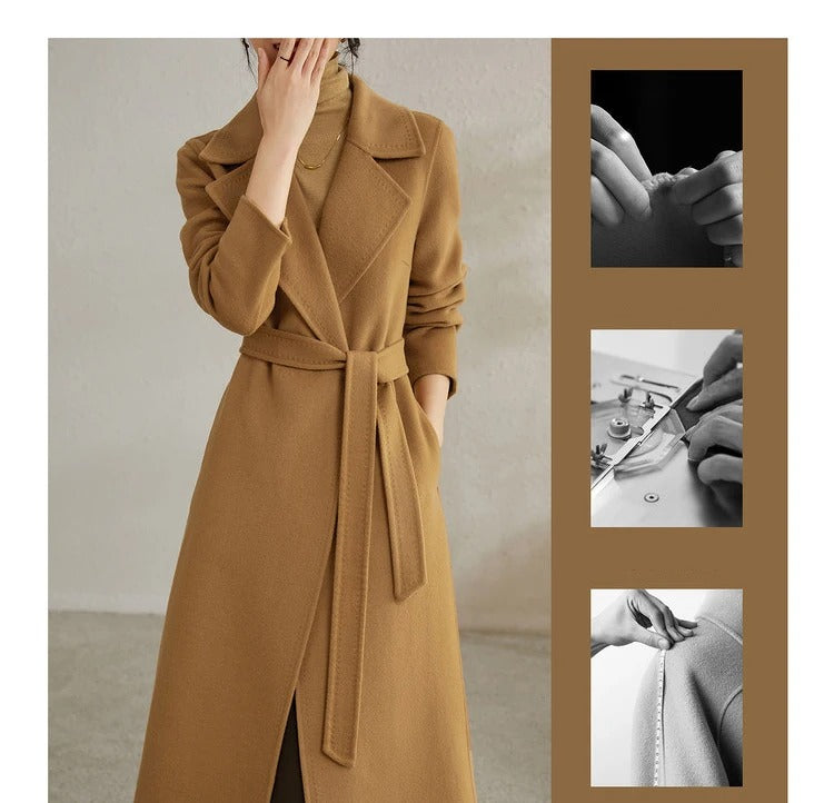 Chic Belted Wrap 100% Wool Coat