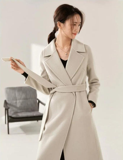 Chic Belted Wrap 100% Wool Coat