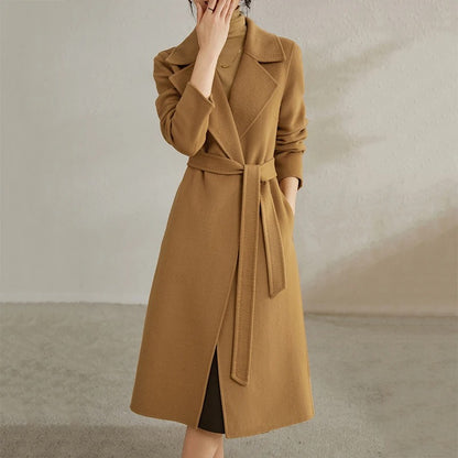 Chic Belted Wrap 100% Wool Coat