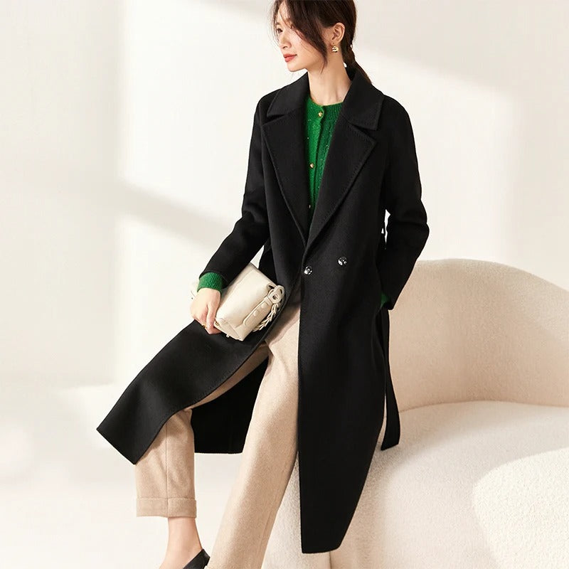 Chic Belted Wrap 100% Wool Coat