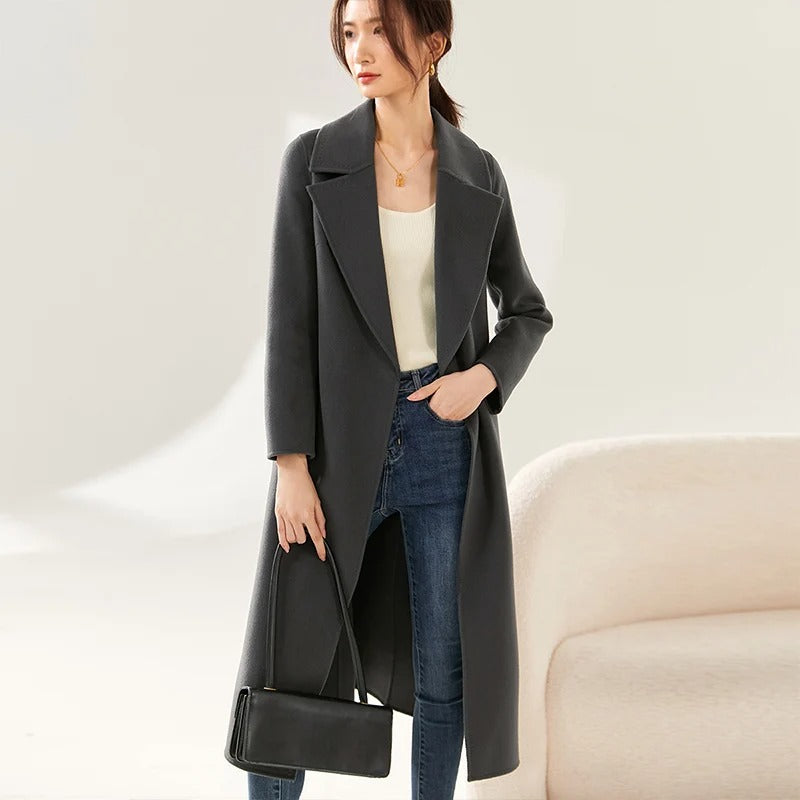 Chic Belted Wrap 100% Wool Coat